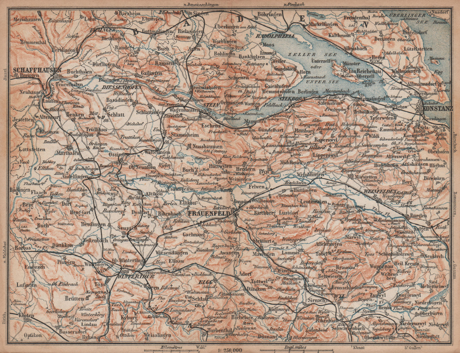 SCHAFFHAUSEN to CONSTANCE. Konstanz Frauenfeld Zeller See Unter See 1893 map